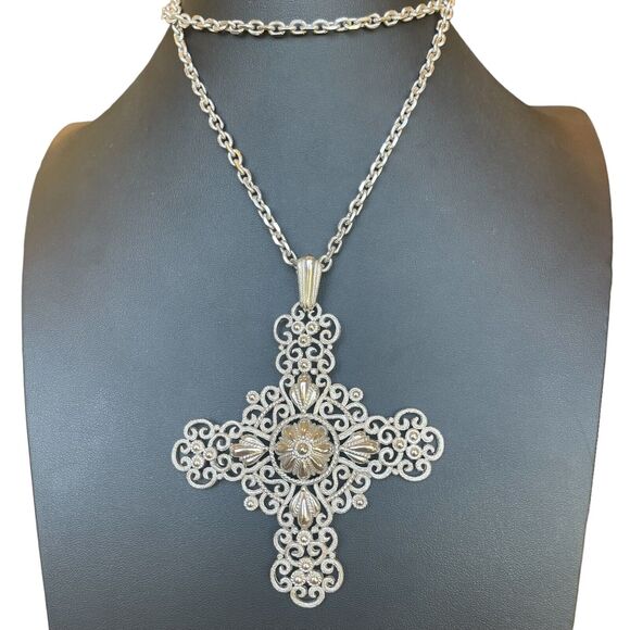 Vintage Crown Trifari Ornate Filigree Cross Pendant Large Oversized Necklace - Picture 1 of 8